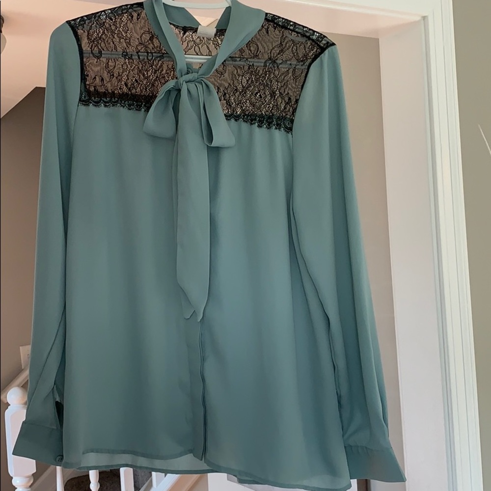 Teal blue dress shirt with detailed black lace